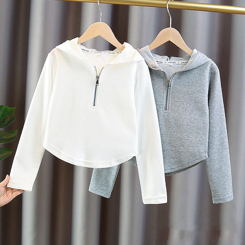 Baby Clothing Zipper - 女の子の綿のハーフジップクロップドスウェットシャツ、キッズジャケット、スクールプルオーバー、キッズジャンパー、ワークコートトップス、プレーンフード付き、3〜16歳