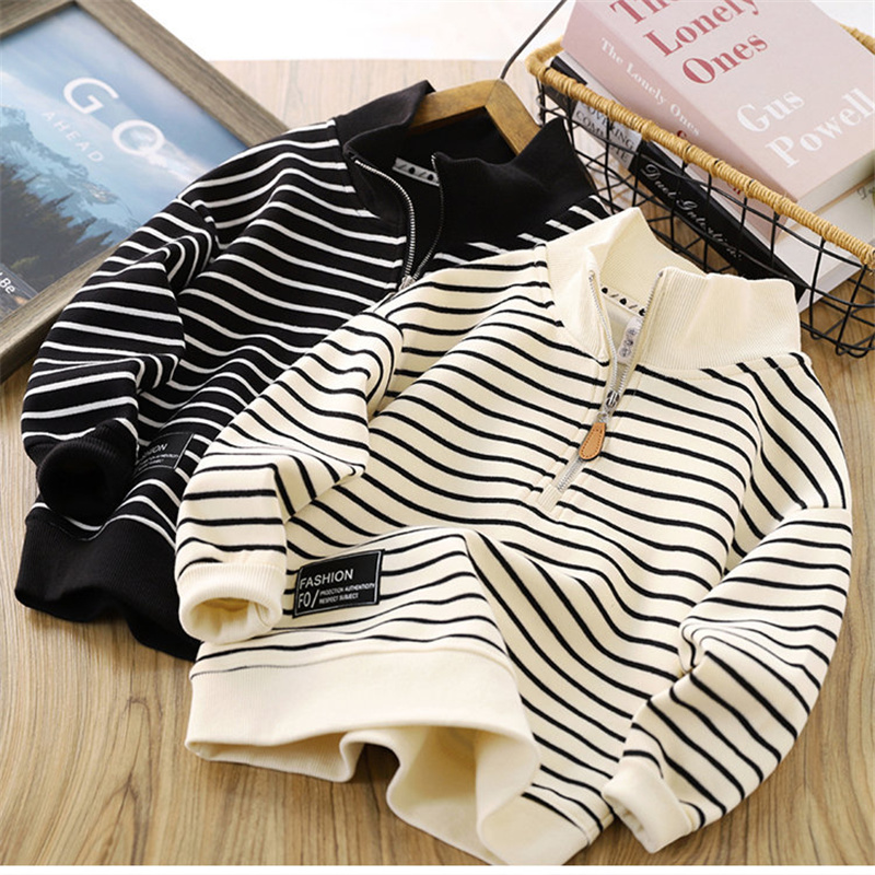 Baby Clothing Zipper - 男の子ストライプトレーナー春秋女の子カジュアルプルオーバービッグキッズラペルジッパートップス子供スポーツウェア服 4-14 年