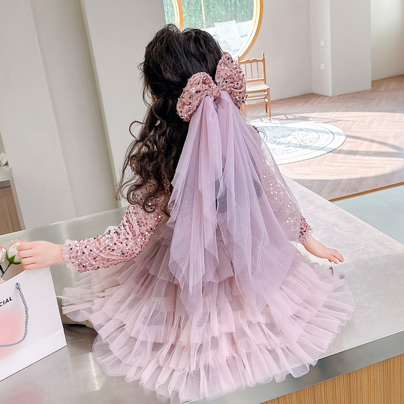 Baby Clothing Yarn - 女の赤ちゃんのドレスロリータエレガントなプリンセスドレス光沢のある子供服十代の長袖ワンピースローブハイウエスト糸 Vestido