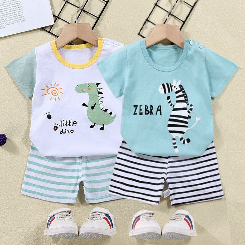 Baby Clothing Sets Boy - 綿 Tシャツ + ショーツ 2 ピーストラックスーツセット子供漫画ゼブラ恐竜プリント夏のスーツ子供男の子女の子ベビー