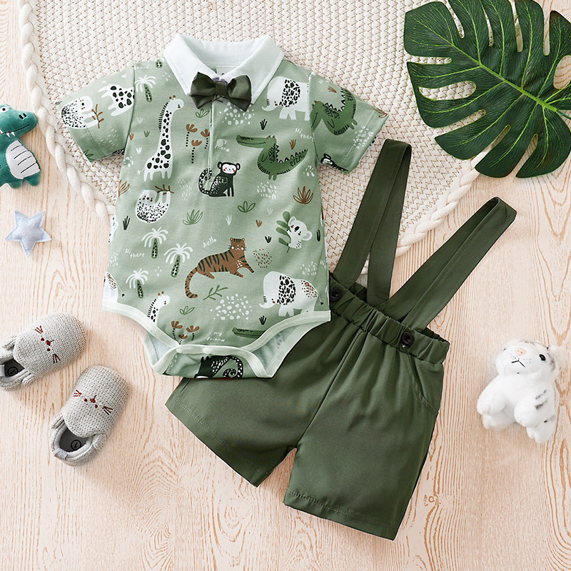 Baby Clothing Bundles - 新生児男の子服セット動物 - グリーンプリントファッション夏の幼児服半袖ストラップ服 2 ピースお出かけスーツ